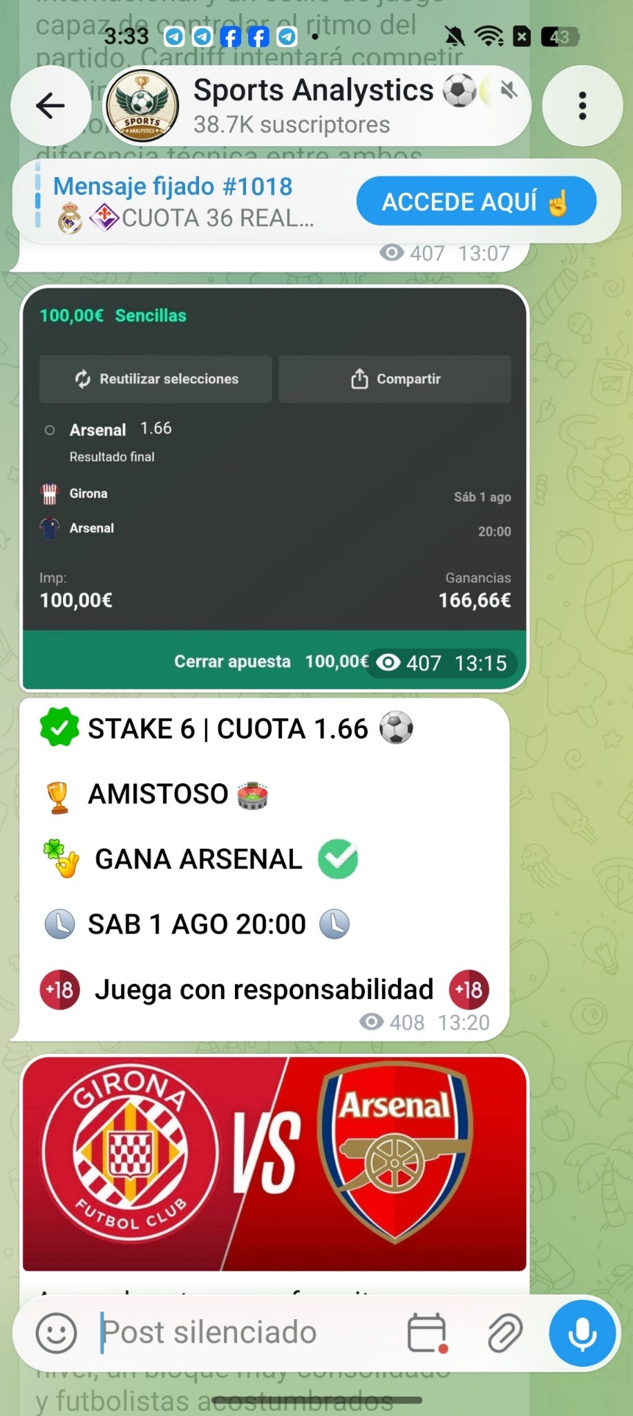 Vista real del canal Sports Analystics en Telegram